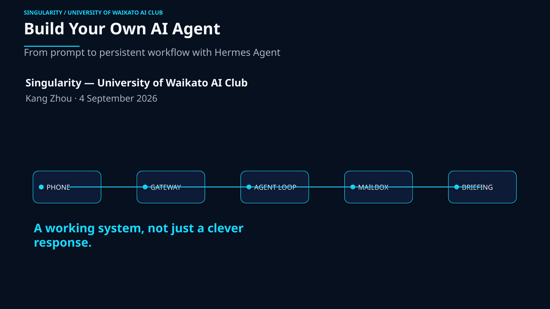 Signal path connecting a phone, gateway, agent loop, mailbox, and briefing for the Build Your Own AI Agent workshop